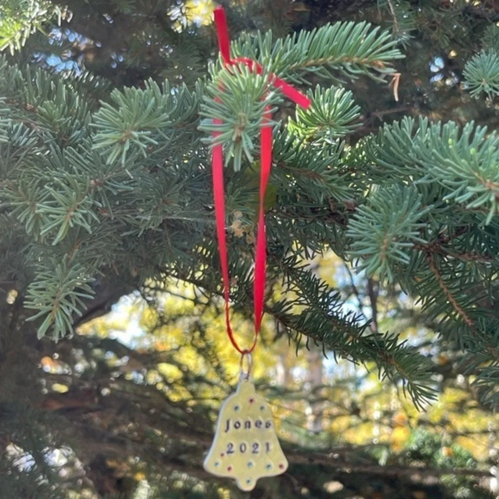 Handmade stamped bell silver personalized holiday Christmas aluminum‎ ornament